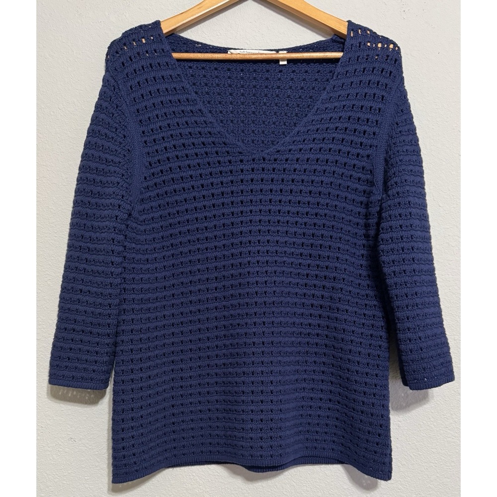 Soft Surroundings Women's M Open Weave Sweater Navy‎ Blue Cotton Cottagecore